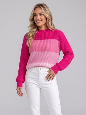 Women's Hot Pink Colorblock Mock Neck Knit Sweater Casual Fall Pullover
